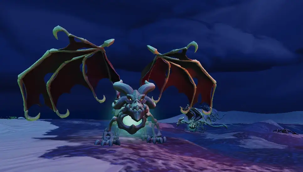 A bone dragon rears on a pale, windswept plain under a heavy night sky, its skeletal wings spread wide over dark red membranes, eyes and ribcage lit from within by a cold green glow; a second, smaller bone dragon stands watching behind its right wing.