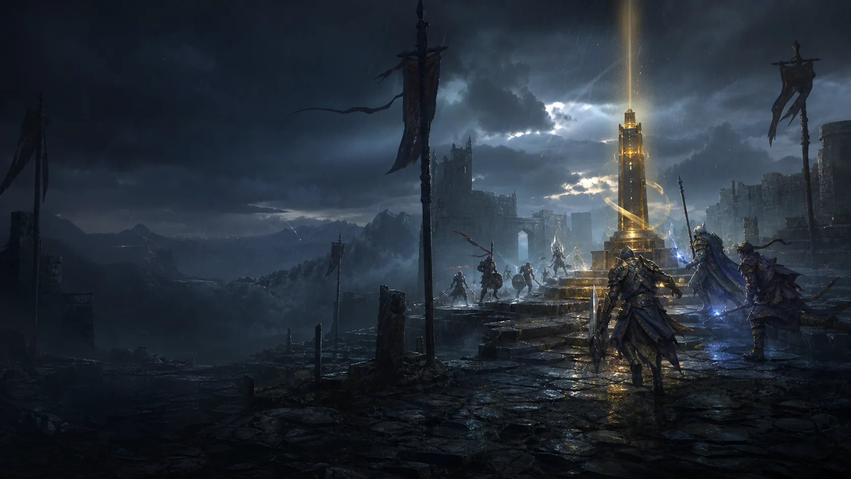 Adventurers converge on a glowing monument among ruined battlements under a storm-dark sky.