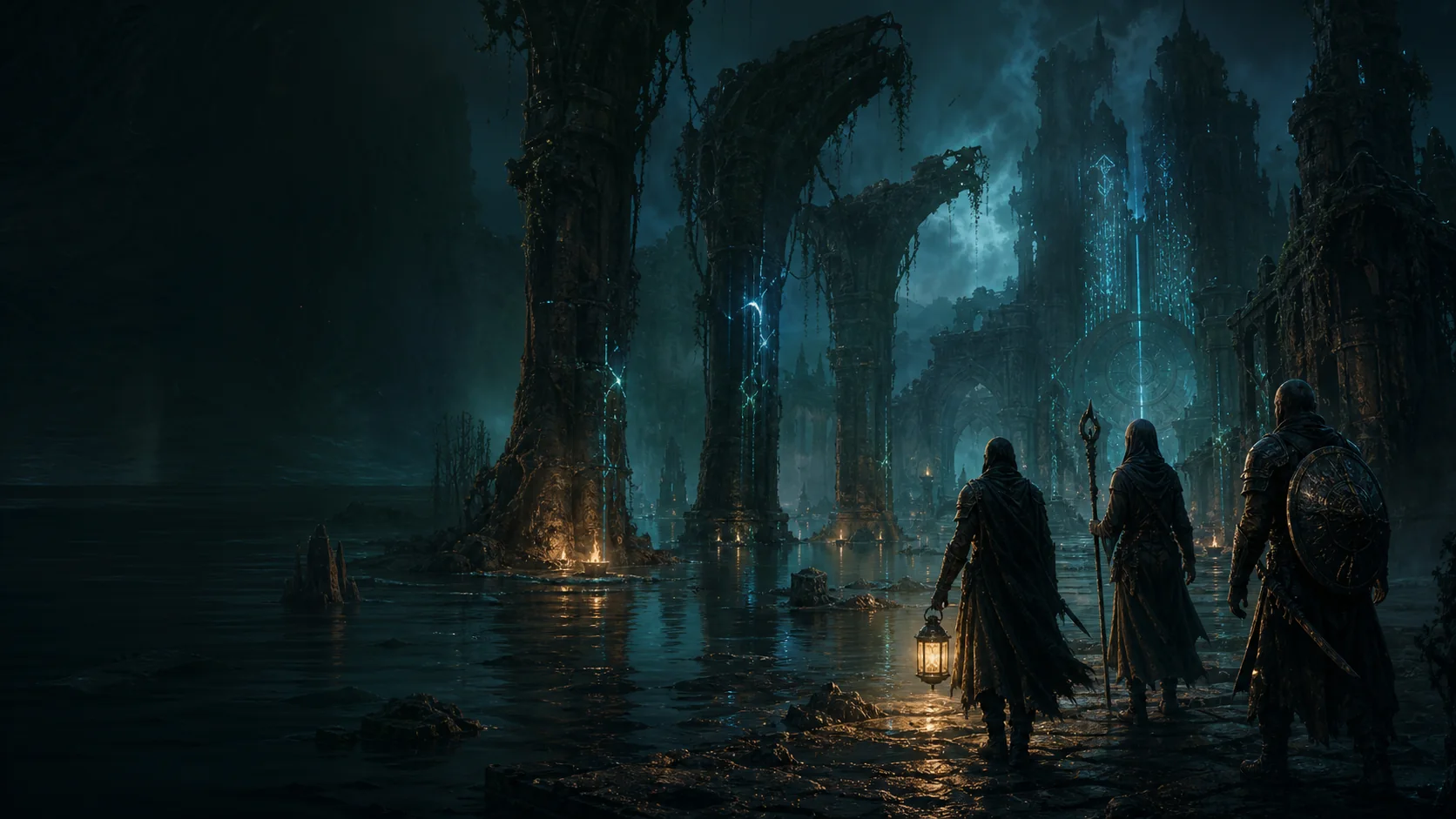 A party of three wades a flooded ruin, lantern light against runes sunk beneath the water.