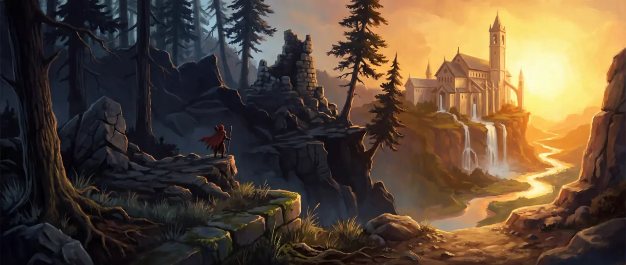 A wide sunset view across a forested valley: a cloaked figure with a staff stands on a mossy stone ledge at the left, facing a cliff-top castle on the right whose walls are fed by falling water.
