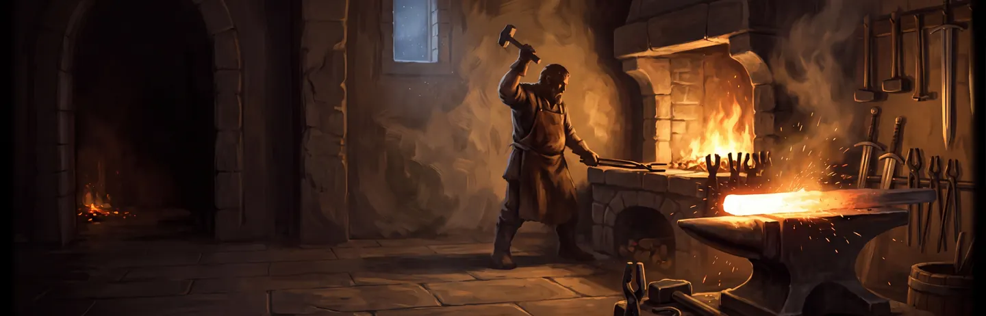 Painted scene: a blacksmith at the anvil in a firelit forge.