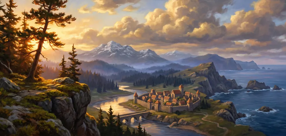 Painted view of Irumesa: a sunlit river valley beneath distant mountains