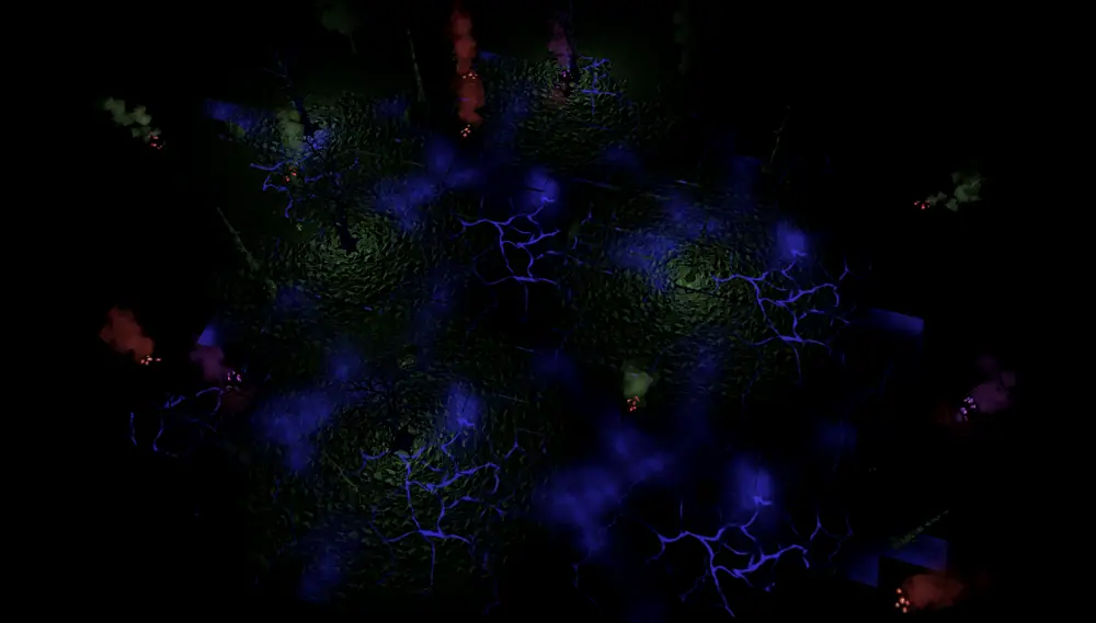 A dark forest at night, lit by glowing blue lightning-like veins running through the trees and undergrowth.