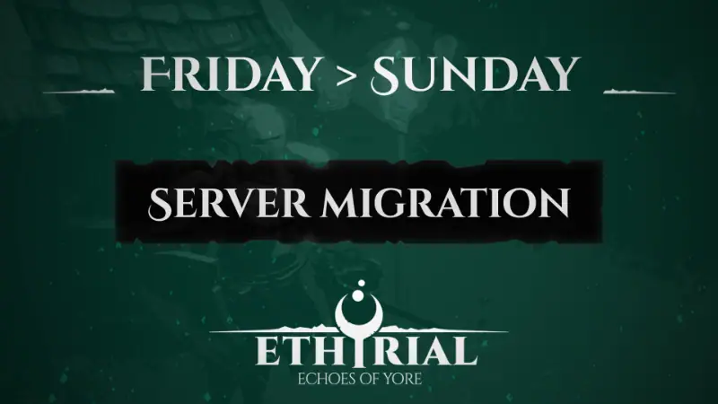 A dark green banner reading Server Migration, with the Ethyrial logo beneath it.