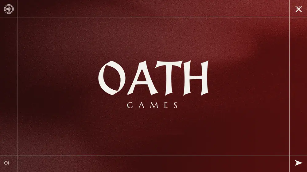 A dark red textured panel with the Oath Games logo and wordmark centred, framed by a thin border with corner icons.