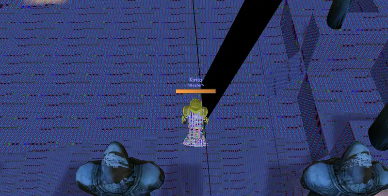Low poly character under a blue tiled ceiling, with a name plate and an orange health bar above the figure.