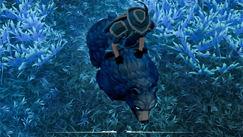 A player character rides a large blue-furred bear mount across icy, frosted grass, seen from above.