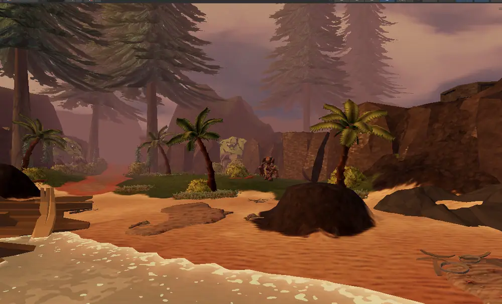 Palm trees and pines line a sandy shoreline at dusk, with a large creature and rocky cliffs in the background.
