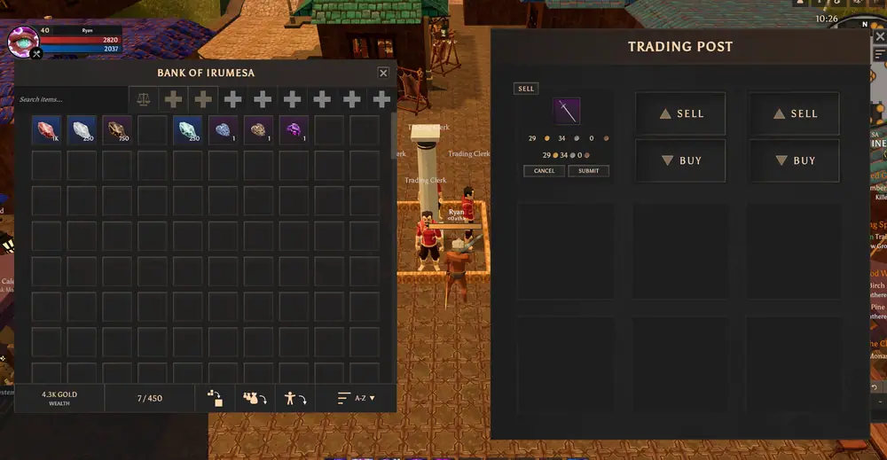 A bank inventory panel of stacked resource icons sits beside a Trading Post sell and buy panel.