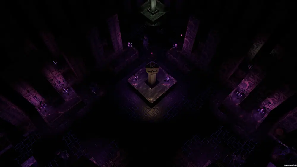 A dark ritual chamber with glowing purple runes, carved pillars and a central pedestal beneath a shaft of light.