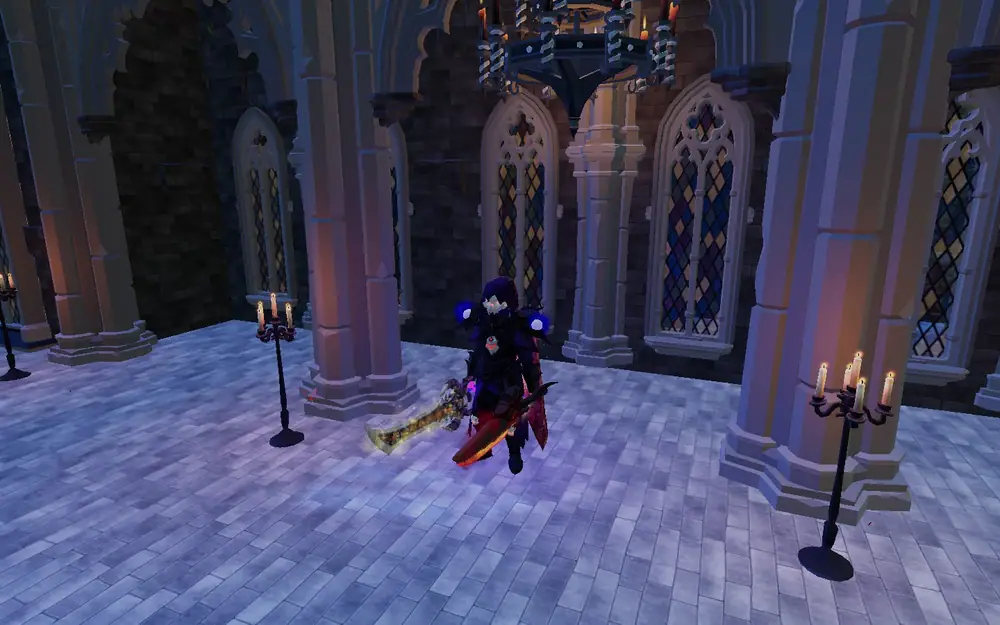 A dark-armoured character wields glowing red and gold swords inside a candlelit cathedral with stained glass windows.