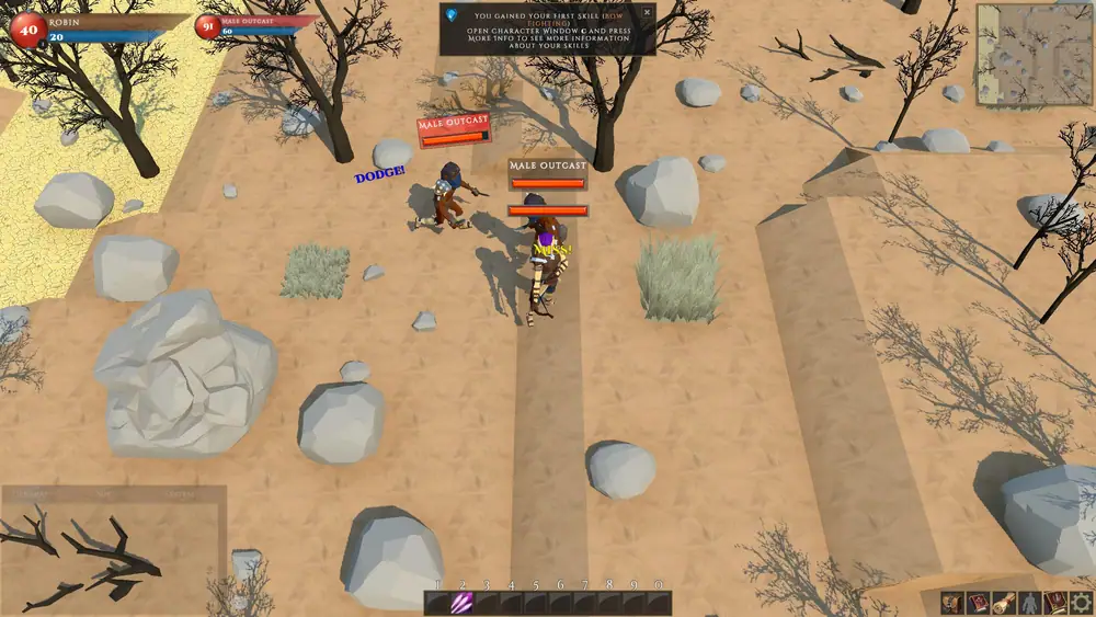 Two low-poly Outcast enemies flank a player character in a desert of rocks and dead trees, with a dodge notice on screen.